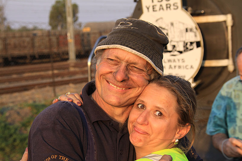 Now this is a moment to warm any girl's heart. Bev scores a big hug from the chairman upon arrival at Hermanstad.