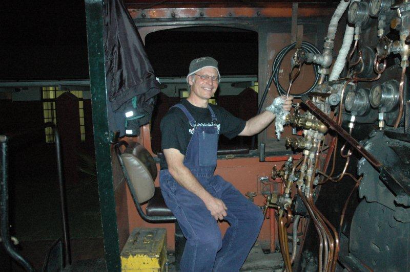 Fireman Nathan on the first leg out while the other trainee driver did his section. Here we are getting ready to depart with Rovos Rail dinner run<br />train