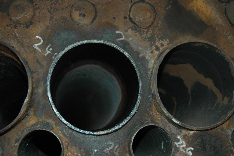 One of the newly replaced large flue tubes. Here in will soon lie a new element that will one day superheat the steam before it enters the steam chest.