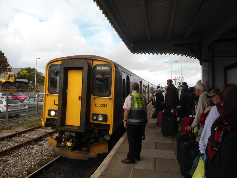 A Class 150 arrives in the bay platform at St Erth Station from St Ives. This service is run using a single train, taking only about 14 minutes in each direction.