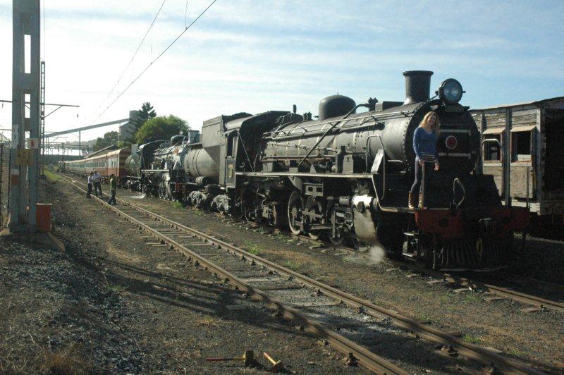 First train for 2012. Class 24 of FOTR with class 19D of Rovos Rail stand alongside the Hermanstad platform. Passengers enjoy the sight and pose on the engines.