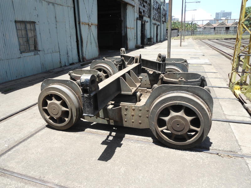 A pair of old Garratt bogies now used as temporary bogies for moving diesels around the works