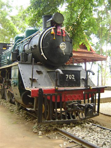 Closer view of the plinthed locomotive, number 702, and second of the class of C56 locomotives. Two are preserved at Thonburri depot, Bangkok, in running order, and operate here, every November